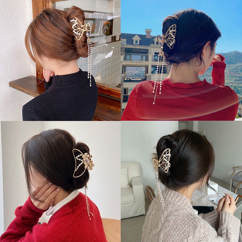 [ACKER] Korea Elegan Kupu-kupu Rumbai Rantai Jepit Rambut Jepit Rambut Mutiara Cakar Rambut