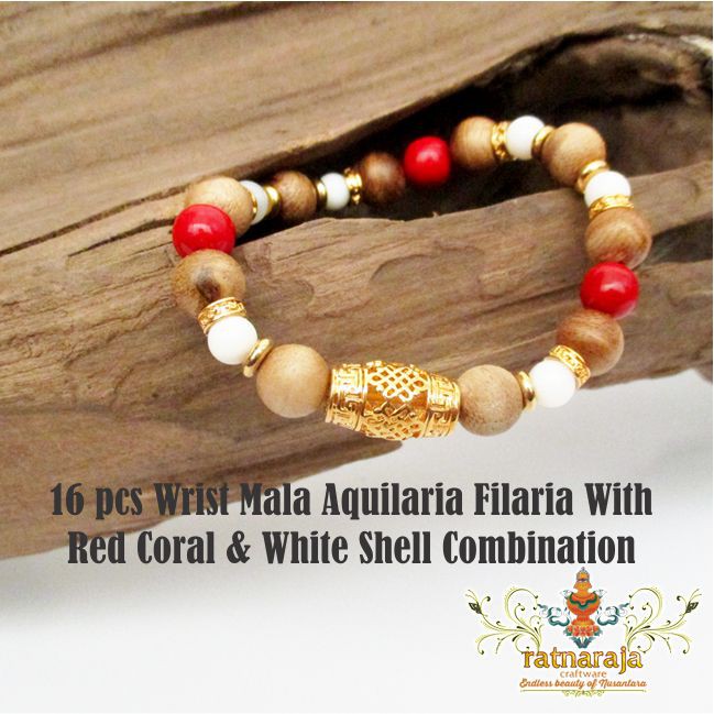 Gelang Gaharu Aquilaria Filaria 8 mm With Red Coral &amp; White Shell Combination