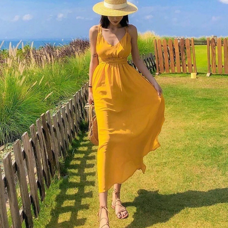 dress backless model tali warna kuning bahan chiffon CODE TG49-797