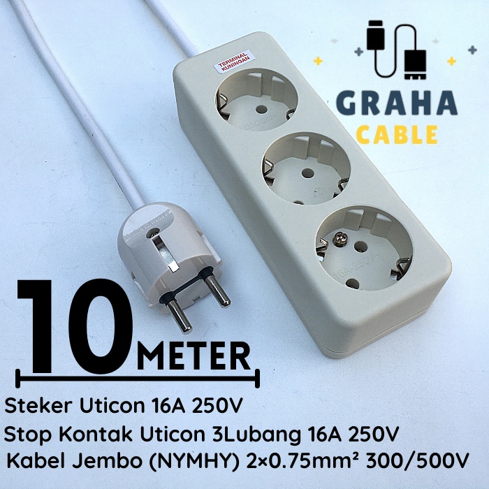 Kabel Sambungan Listrik Stop Kontak 3 Lubang 10 Meter UTICON