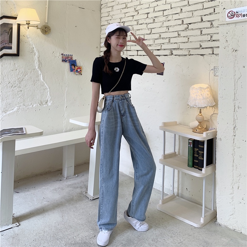 XIAOZHAINV Korean Celana Panjang Wanita High Loose Jeans