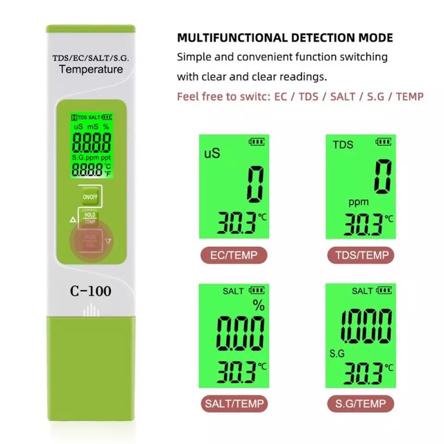 5 in 1 TDS/EC/SALINITY/S.G/TEMEPERATURE Meter Digital Backlight C-100