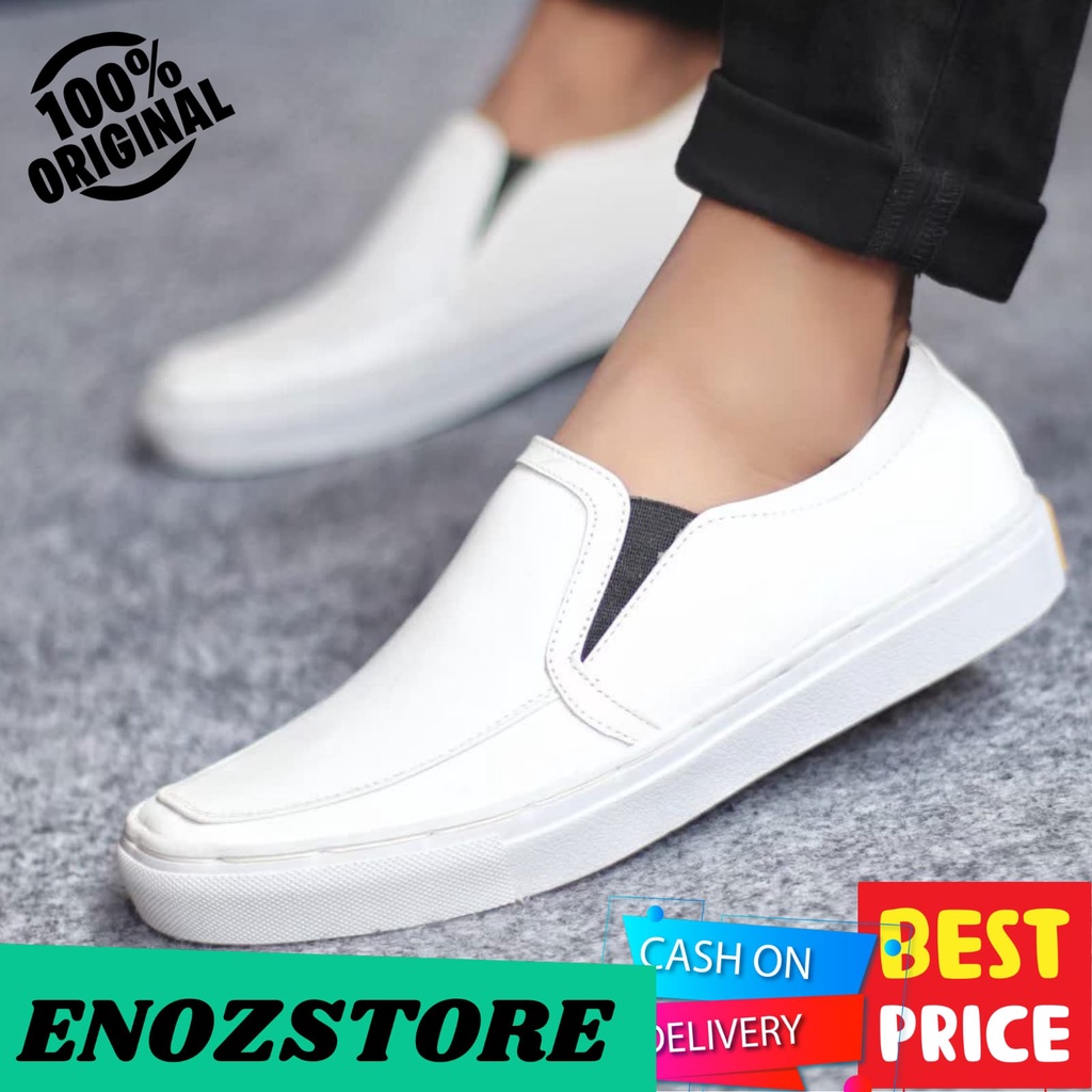 ENOZSTORE!!Sepatu Formal Slip On Putih Pria Kasual Keren Trendy Slop Cowo Kulit Asli Original