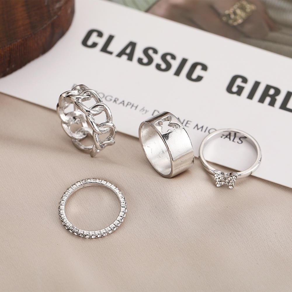 Fashion Crystal Butterfly Ring Set Simple Hollow Silver Rings for Women Jewelry Accessories