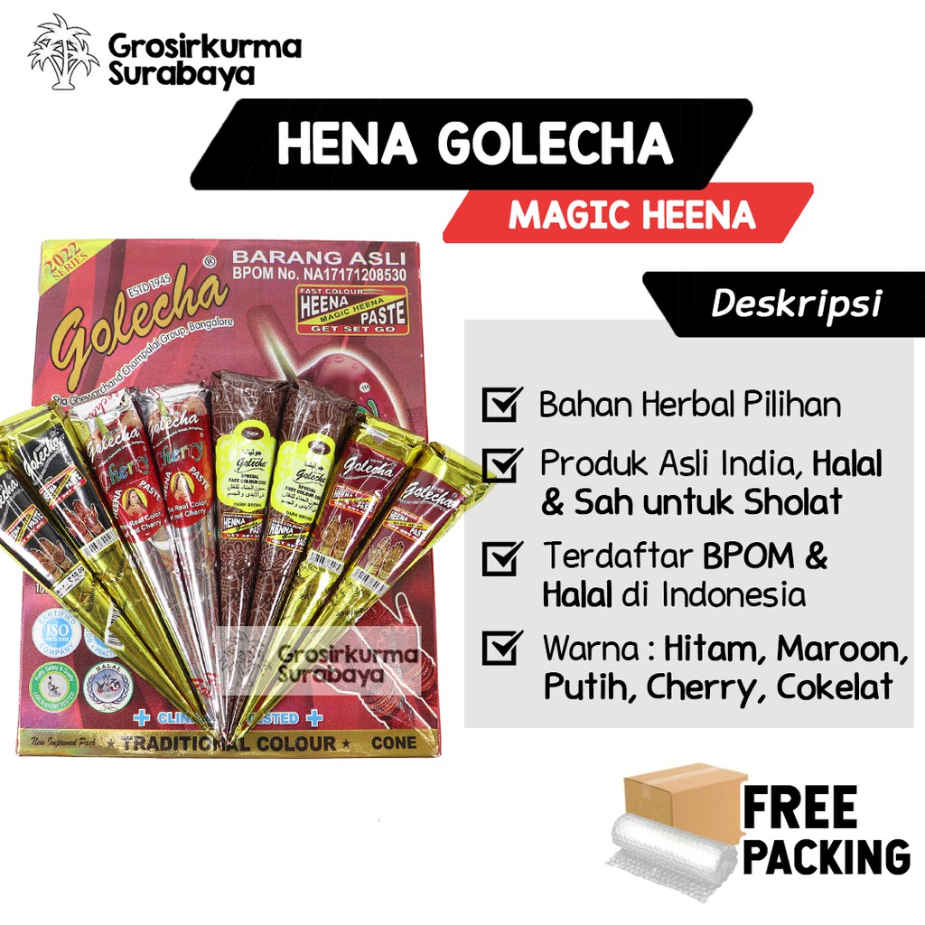 ASLI Henna Hena GOLECHA BPOM Series Warna Maroon Red Cherry Aman Halal Herbal Souvenir Pernikahan