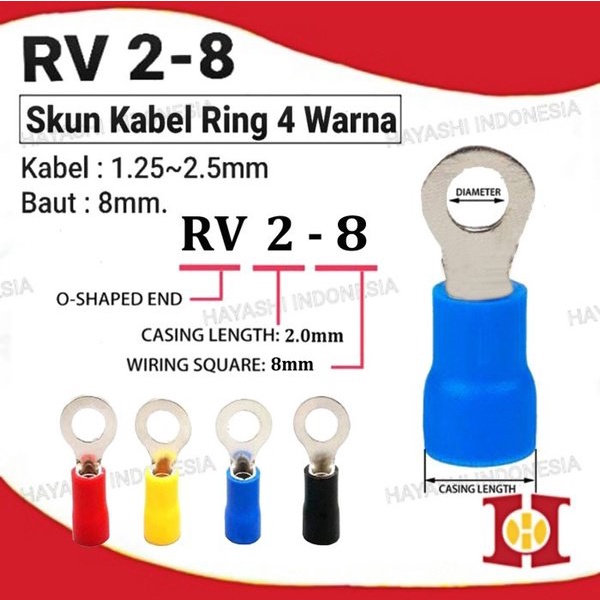 Terminal Kabel Sekun Cable Skun Ring O Bulat Cable Lug Isolasi RV 2-8 (100pcs)