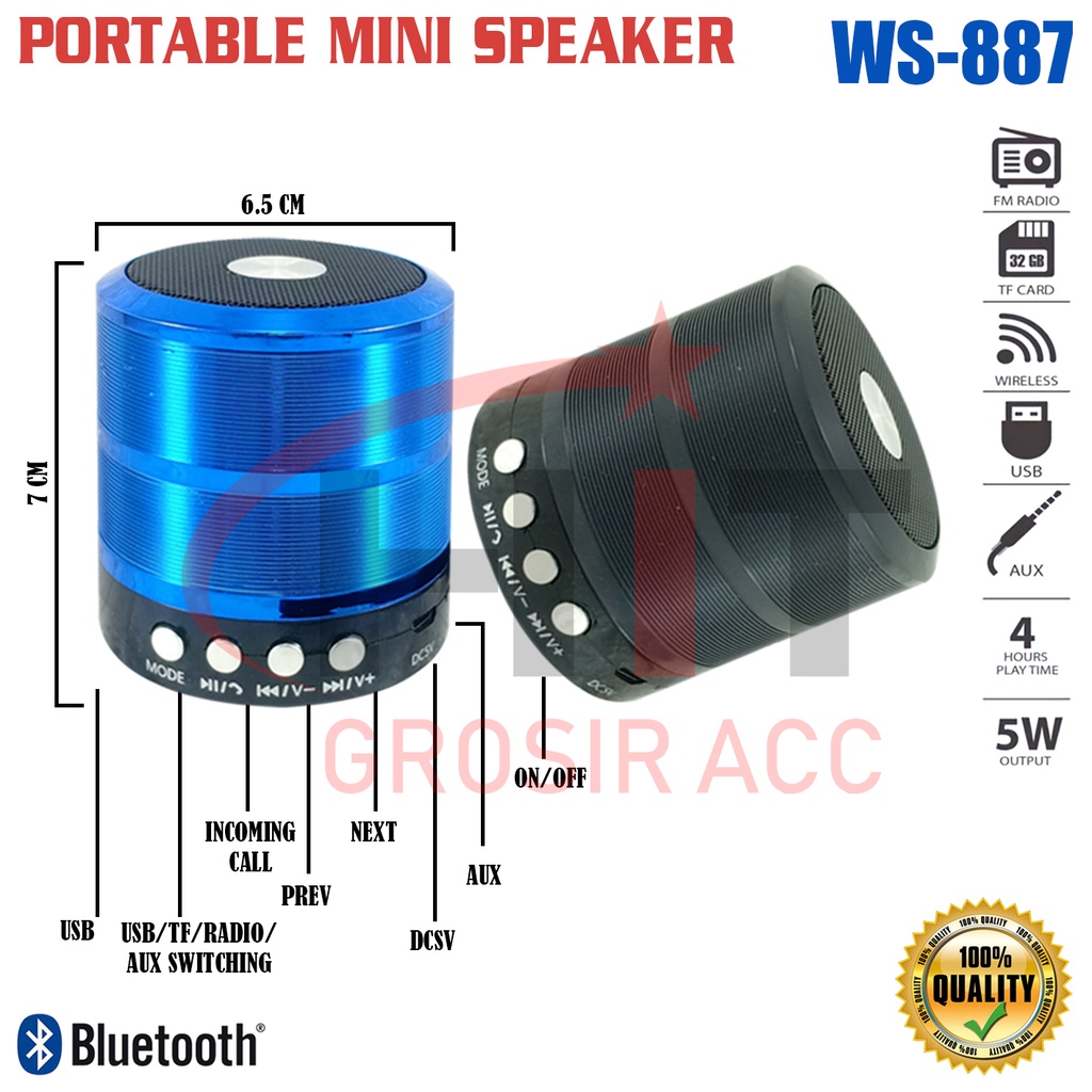 Speaker Bluetooth WS-887 PORTABLE Wireless WS887 STEREO SUPER BASS
