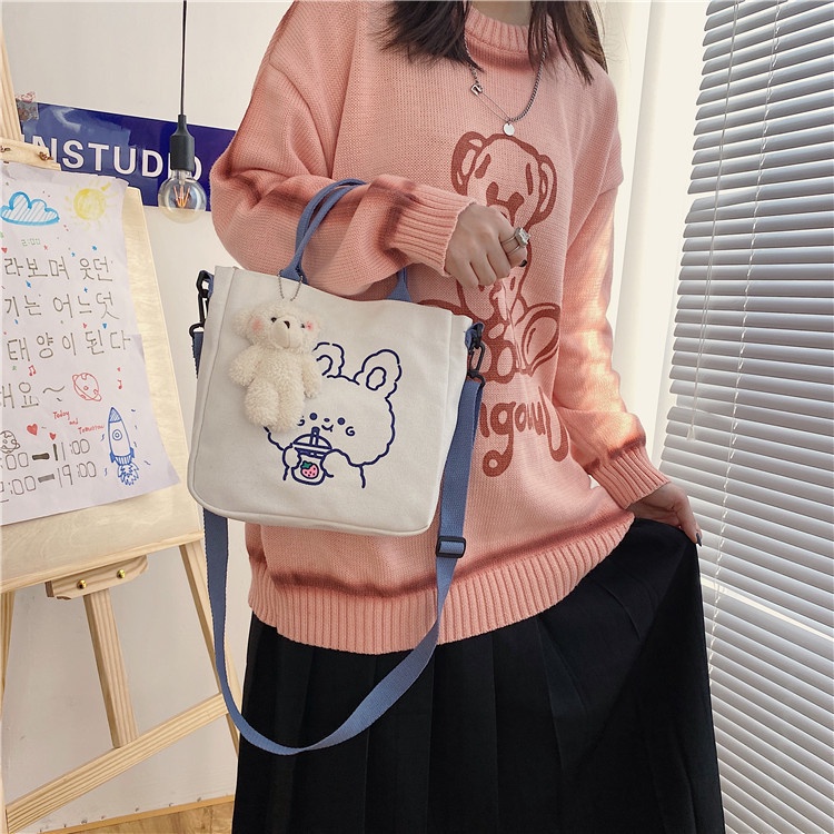 Tas Selempang Wanita Bahan Canvas Model Korea Motif Beruang dan Kelinci