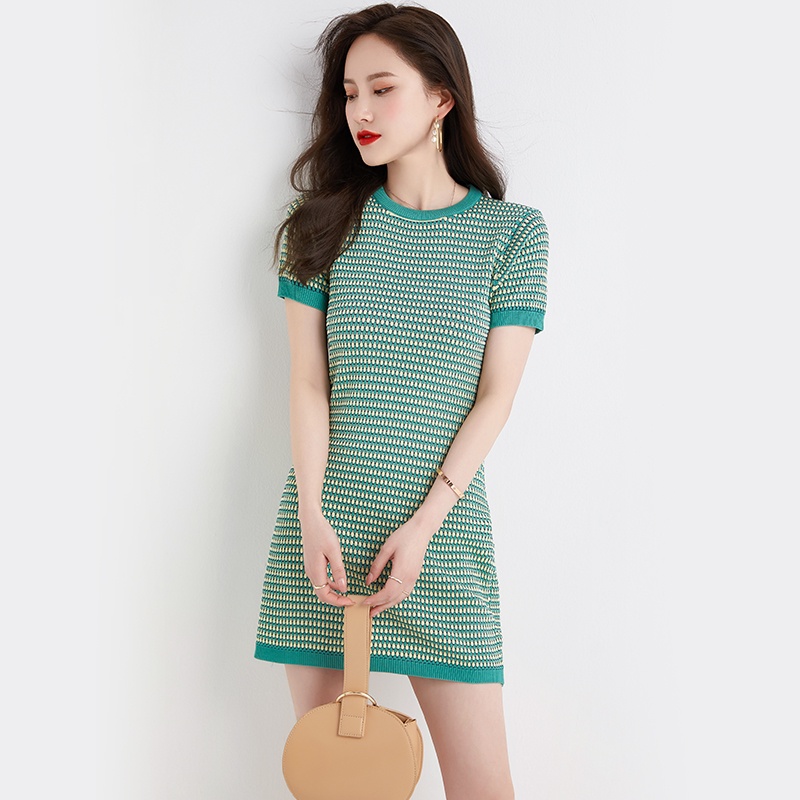 【Elegant】Summer Korean Striped Round Neck Mini Dress 7476