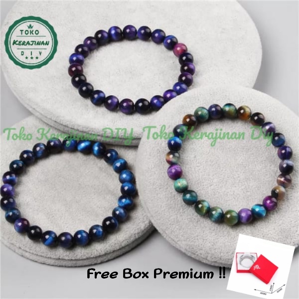 [ FREE BOX ] Gelang Batu Tiger Eye 6/8/10mm Natural Pria Wanita