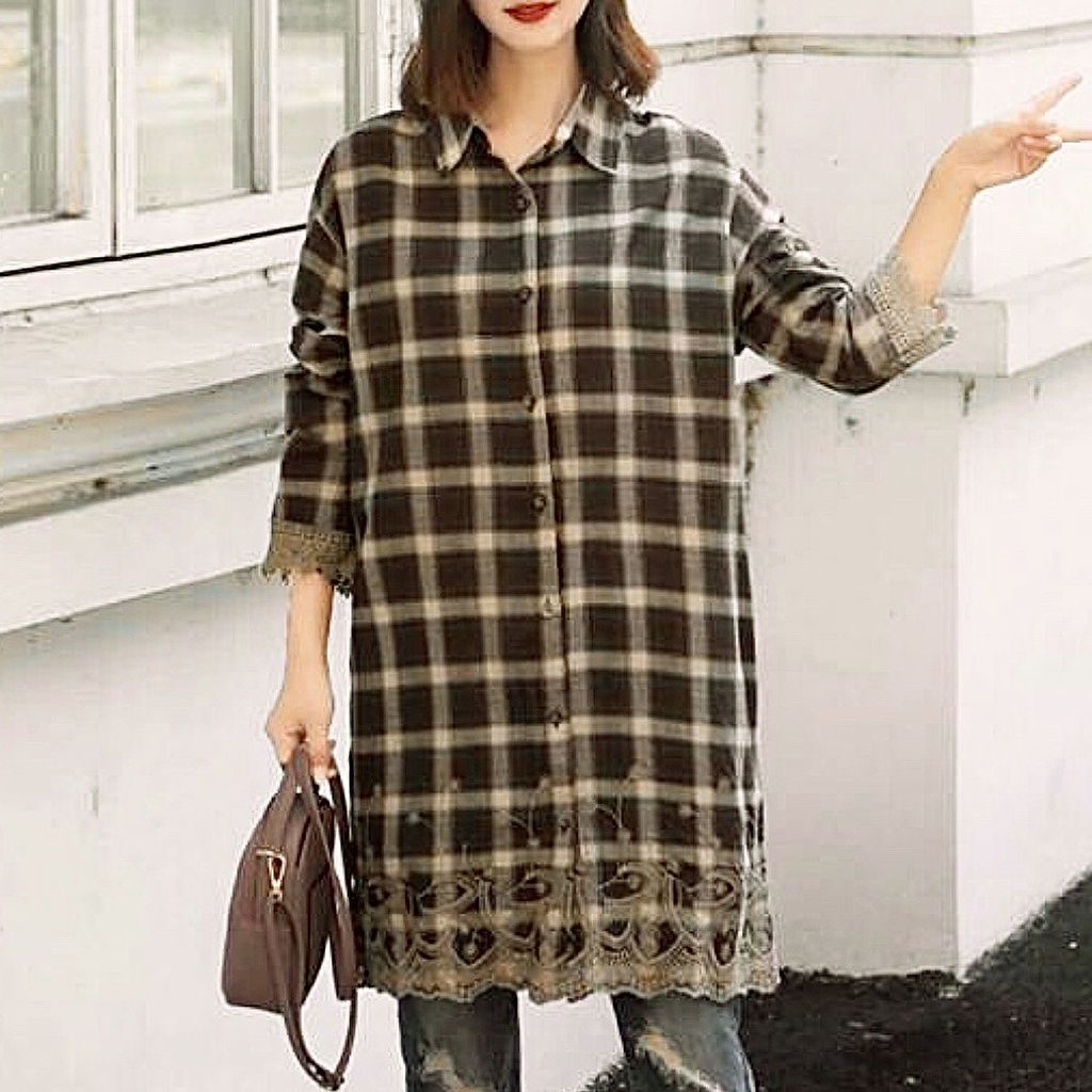 DRESS TUNIK KEMEJA KATUN KOTAK COKLAT LIS RENDA BORDIR BUNGA IMPORT