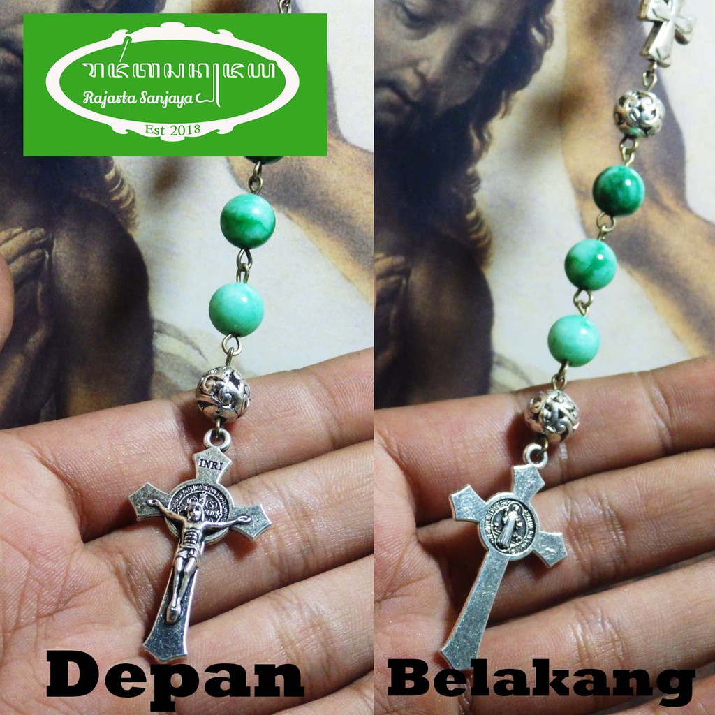 Kalung Tasbih Rosario Giok Hijau 8mm Salib