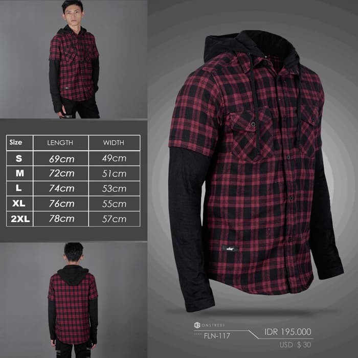 KEMEJA CASUAL FLANNEL HOODIE DOUBLE LAYER ONSTREET MAROON x BLACK