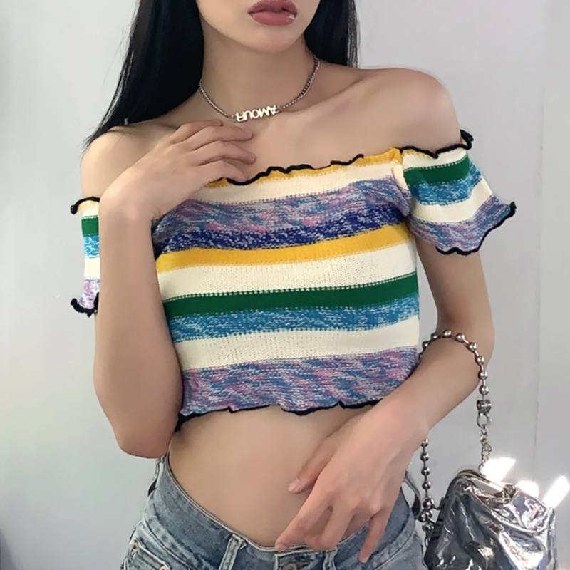 #Sisjuly# Lisa girl bm wind lucu rainbow striped one-shoulder T-shirt wanita