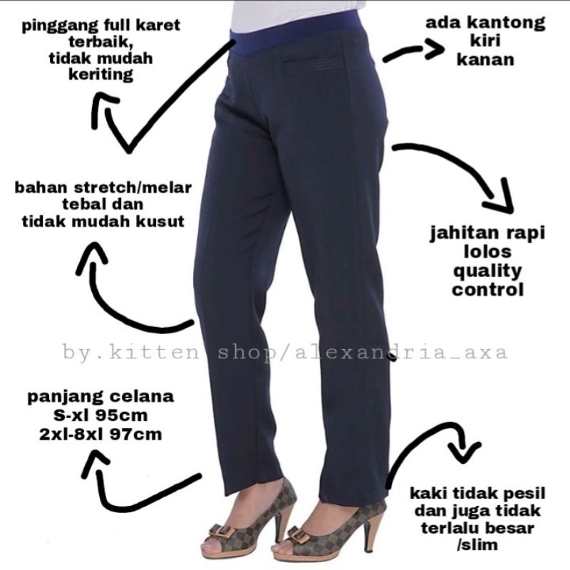 Celana Bahan Kerja Kantor Formal Wanita Pinggang Karet Highwaist Bahan Stretch Melar Ukuran S Sampai 8xl