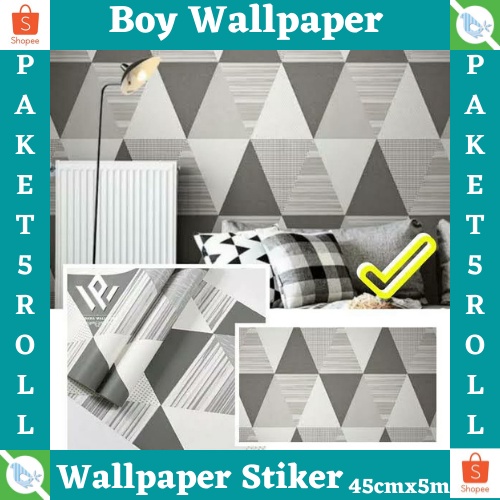 (bisa cod) - paket wallstiker 5ROLL ( buy 4 get 1 free ) wallpaper stiker dinding ruang tamu kamar tidur 3d motif segitiga abu abu modern best seller!!