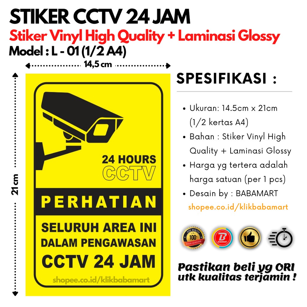 

STIKER CCTV 24 JAM VINYL HIGH QUALITY LAMINASI GLOSSY STICKER 1/2 A4