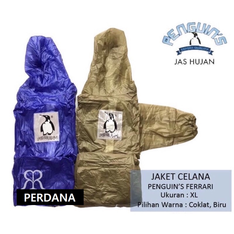 Jas Hujan Setelan Penguins Ferrari Raincoat Bahan Karet PVC TEBAL Jaket Celana Size L &amp; XL Termurah