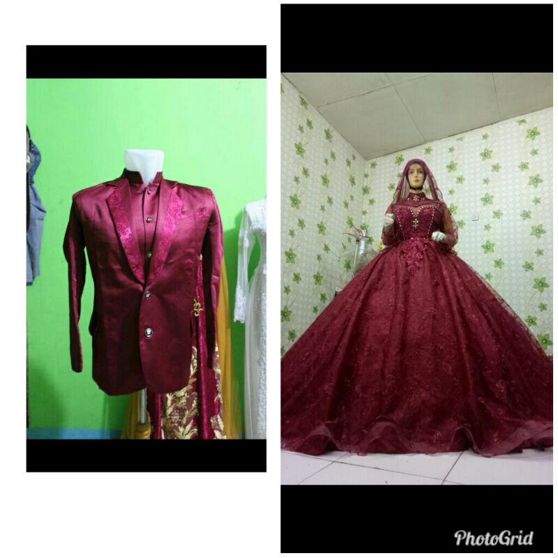 satu set gaun pengantin &amp;jas, komplit warna riques aja y kk