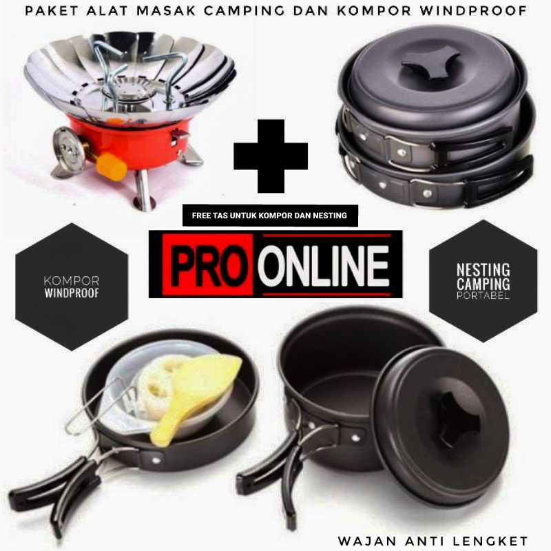 Paket Hemat Cooking Set nesting 2 person Kemping wajan &amp; kompor windproof - SY200 &amp; Kovar K203