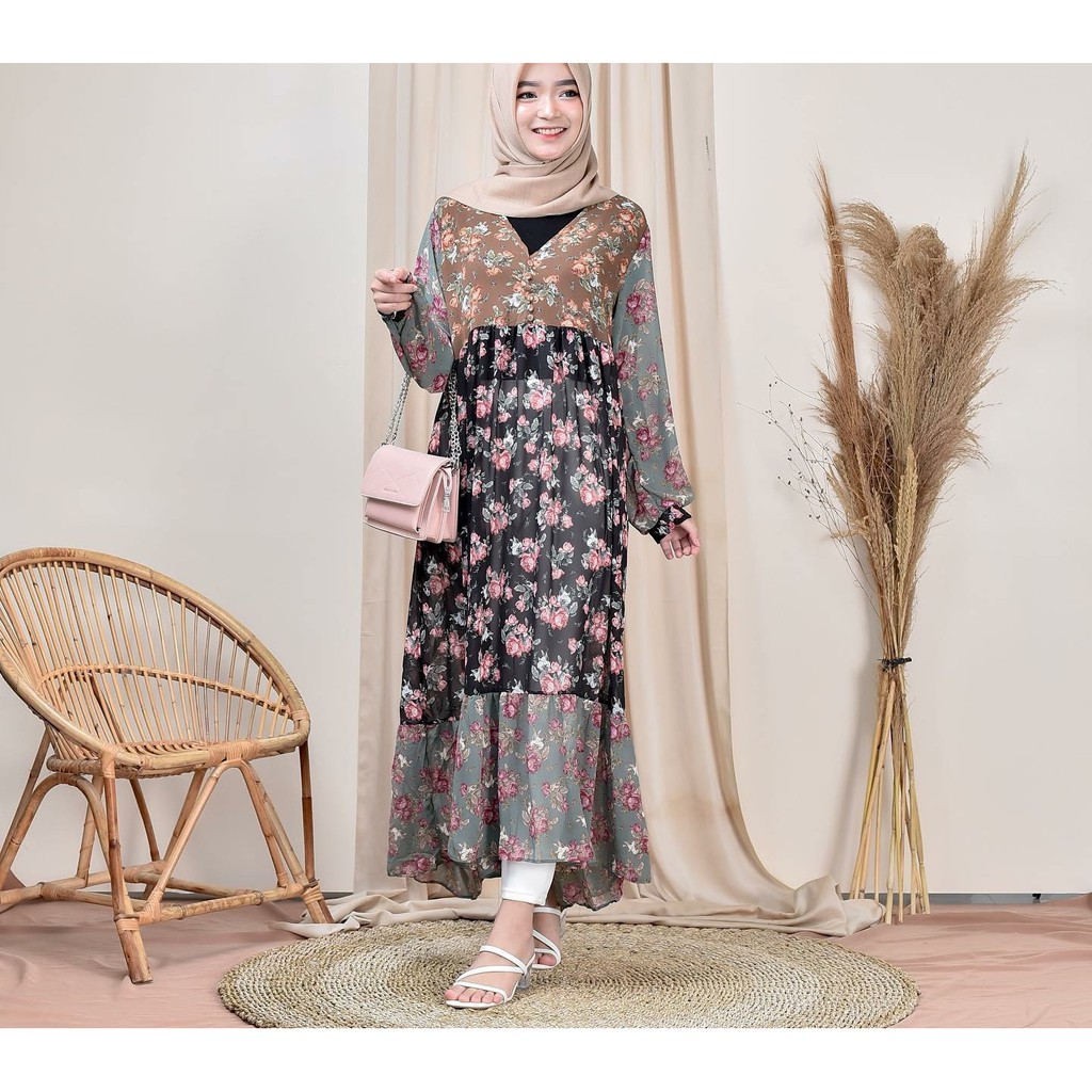 Dress Maxi V-neck Premium / Gaun V-neck Motif