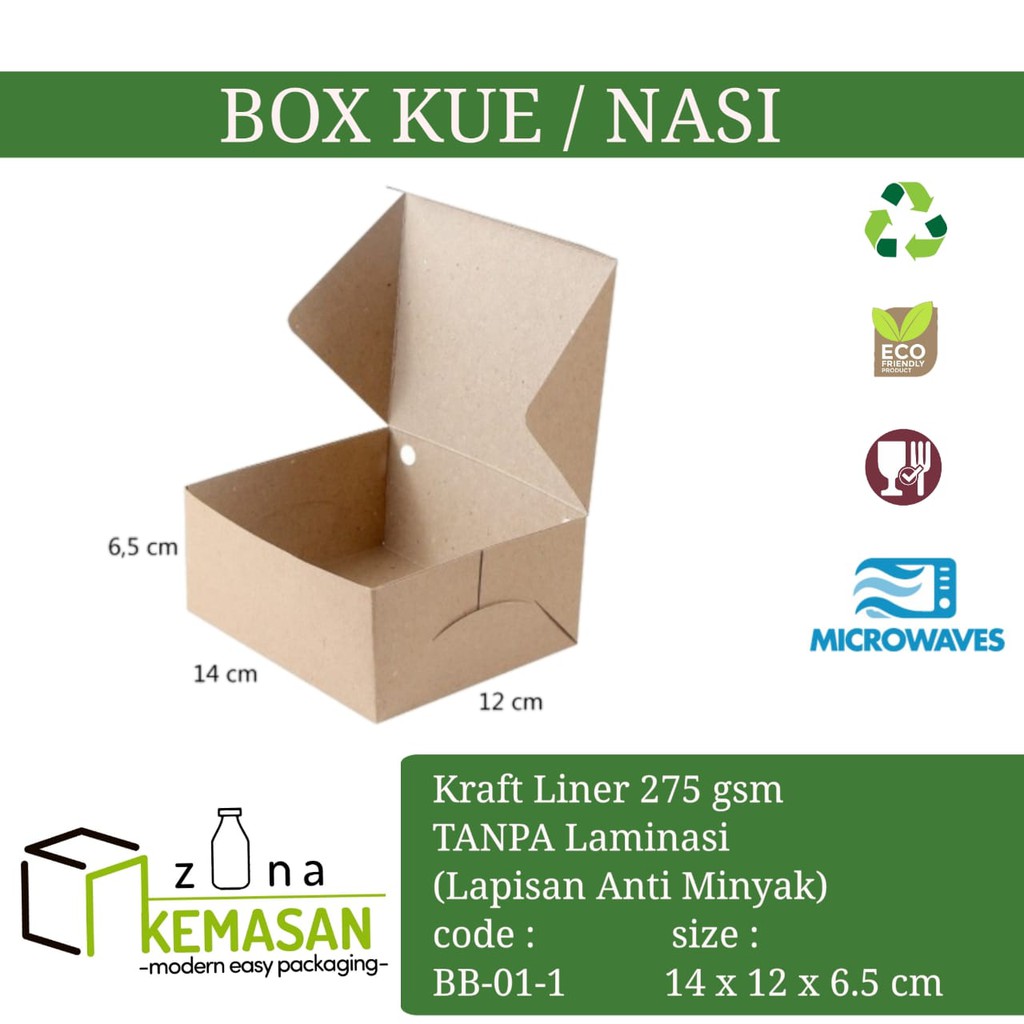 

KEMASAN BOX DUS KARDUS KOTAK MAKANAN NASI ROTI KUE SNACK 14x12x6,5 cm KRAFT 275 gsm