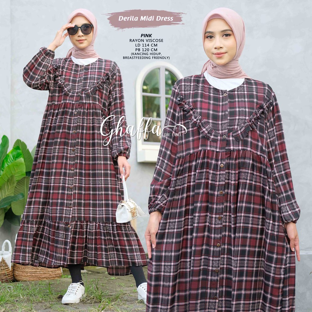 DERILA MIDI DRESS GAMIS MOTIF KOTAK-KOTAK ORI GHAFFA