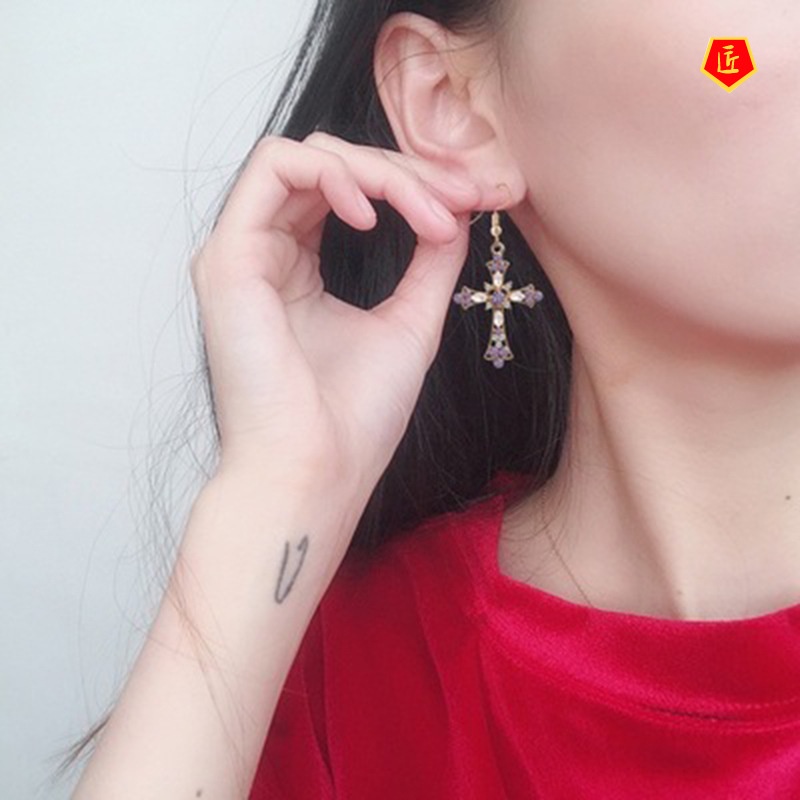 [Ready Stock]Simple Personality Cross Pendant Necklace Earrings Suite