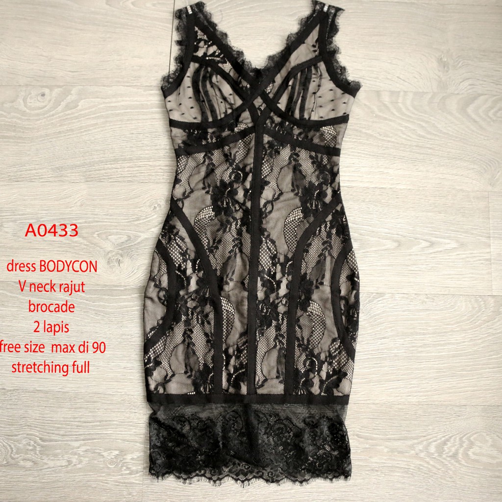 Dress Bebe Bodycon Vneck Brokat 2lapis fashion Import KA0433