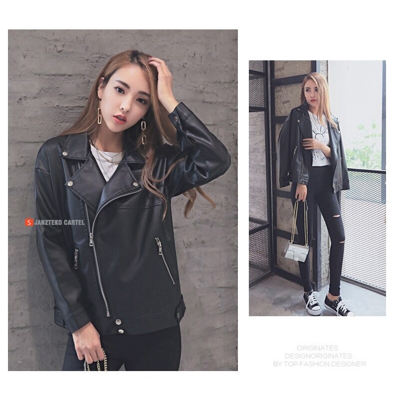 JNK x GODDESS - Jaket Wanita Korea KPOP Style Sexy Kasual Formal Semi Kulit Sintetis Sintetis Faux Synthetic Leather Premium Original Branded Elegan Cewek Perempuan Pakaian Atasan Outer Outfit Hijab Muslim Modern Zipper Motor Biker Riding Touring Racing