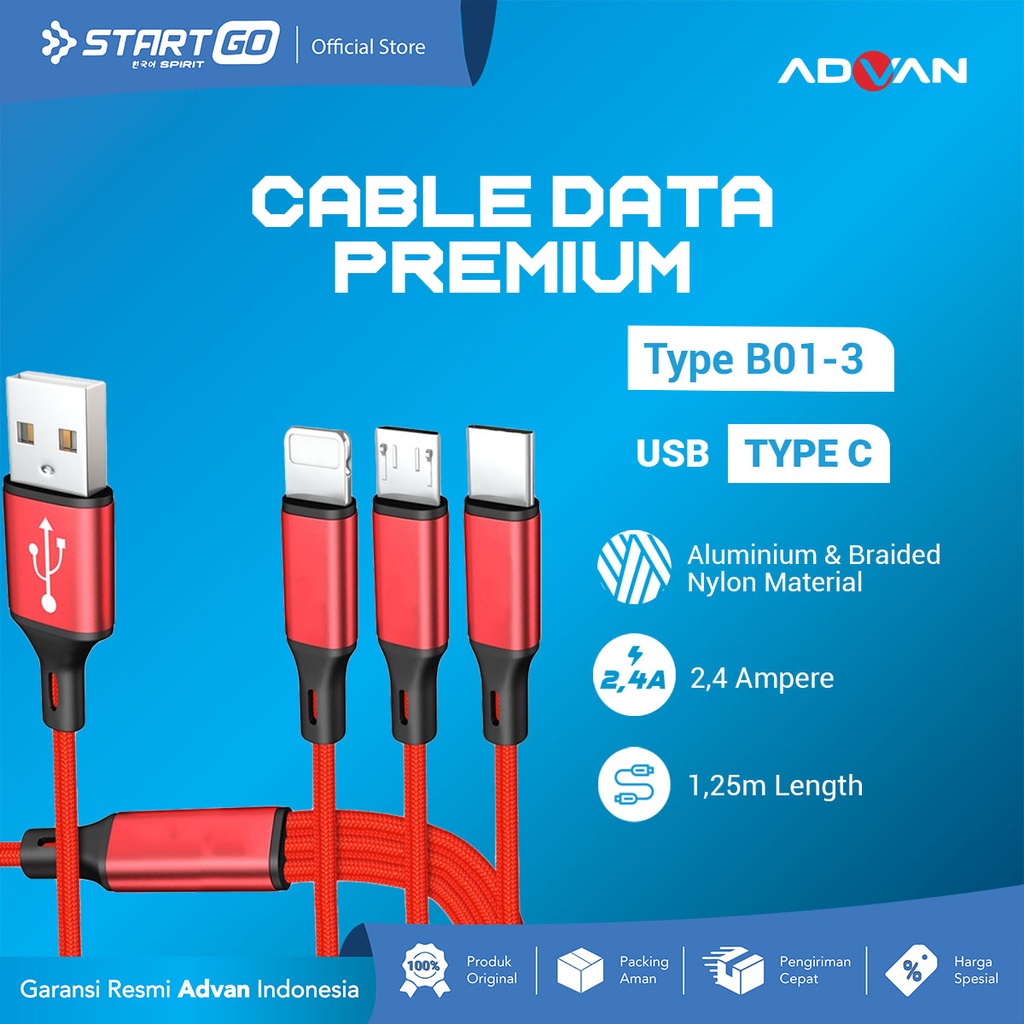 STARTGO Kabel Data Premium B01-3 3in1 Micro Lightning TYPE C 1.25m Kabel Charger ORIGINAL