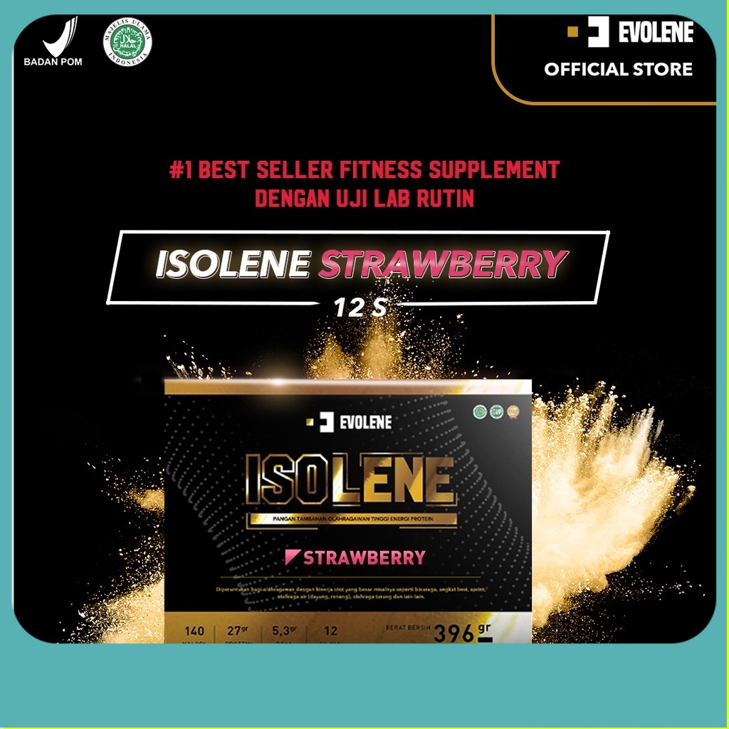 

Evolene Isolene Strawberry 396gr/12 Sachet Kualitas Premium - Suplemen fitness pembentuk Otot - Defisit kalori - Susu Protein - Suplemen Fitness - Minuman Protein - Suplemen Workout - Whey protein isolate BPOM HALAL ORIGINAL ORI OFFICIAL STORE