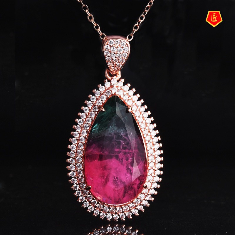 [Ready Stock]Watermelon Tourmaline Pendant 18K Rose Gold Water Drop Colored Gems Necklace