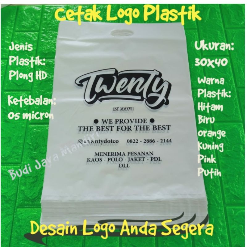 

Cetak Logo Tas Plastik Plong Ukuran sedang 30 x 40, Desain Gambar Label Brand Sablon Sendiri