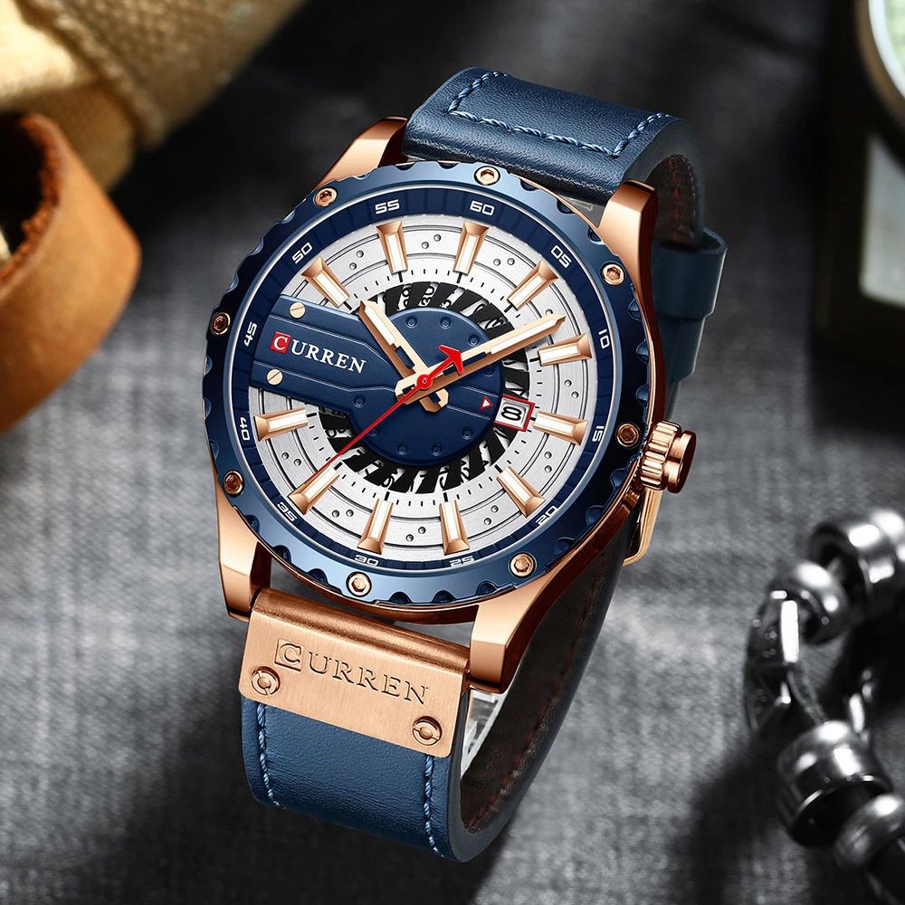 CURREN 8374 Jam Tangan Pria Analog Tali Kulit Chronograph Aktif Luminous Hand WATCHKITE WKOS