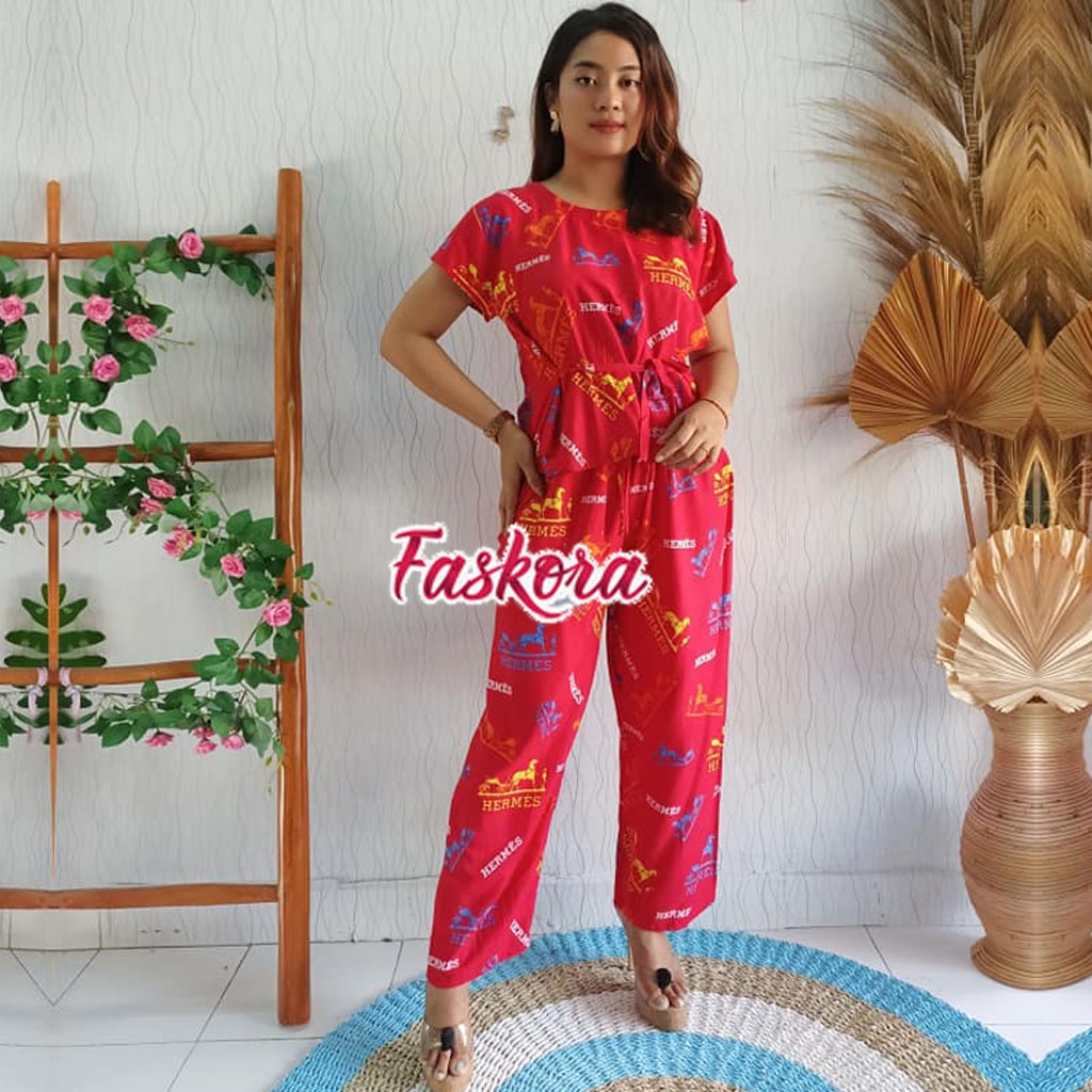 Piyama Rayon Jumbo Lengan Pendek One Set Wanita Kekinian Remaja Pajamas Polos Kombinasi Auristela-HRMS Merah