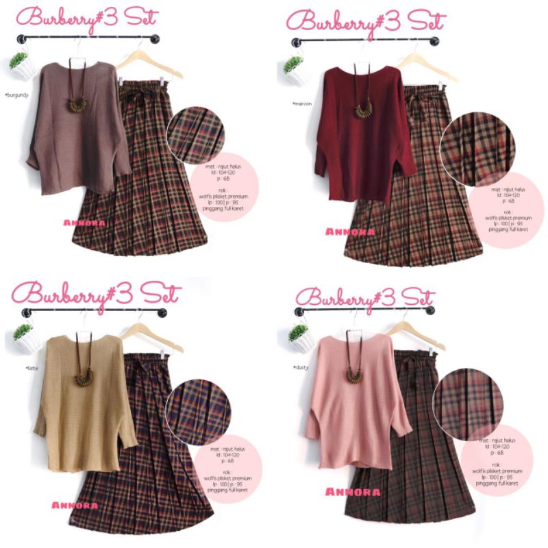 burbery set Setelan atasan rajut bawahan rok wolvis plisket annora