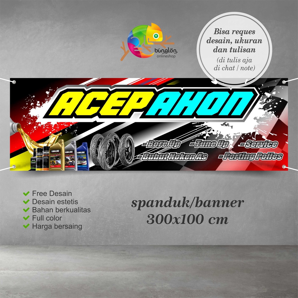 Jual Size 300x100 Cm, Spanduk Banner Bengkel Motor Racing Keren