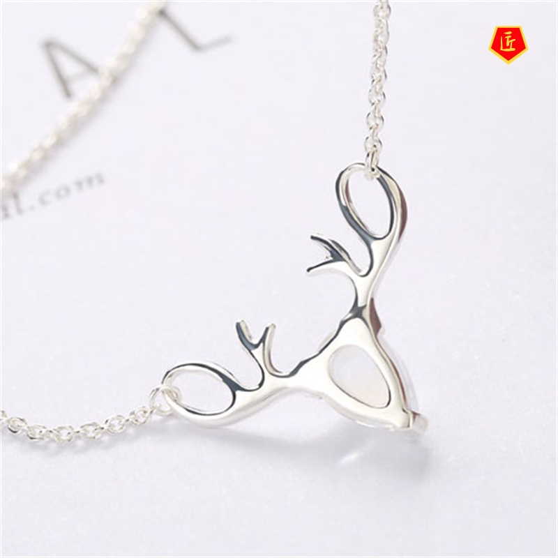 [Ready Stock]Korean Style Simple Moonstone Elk Necklace Women 925 Silver Niche