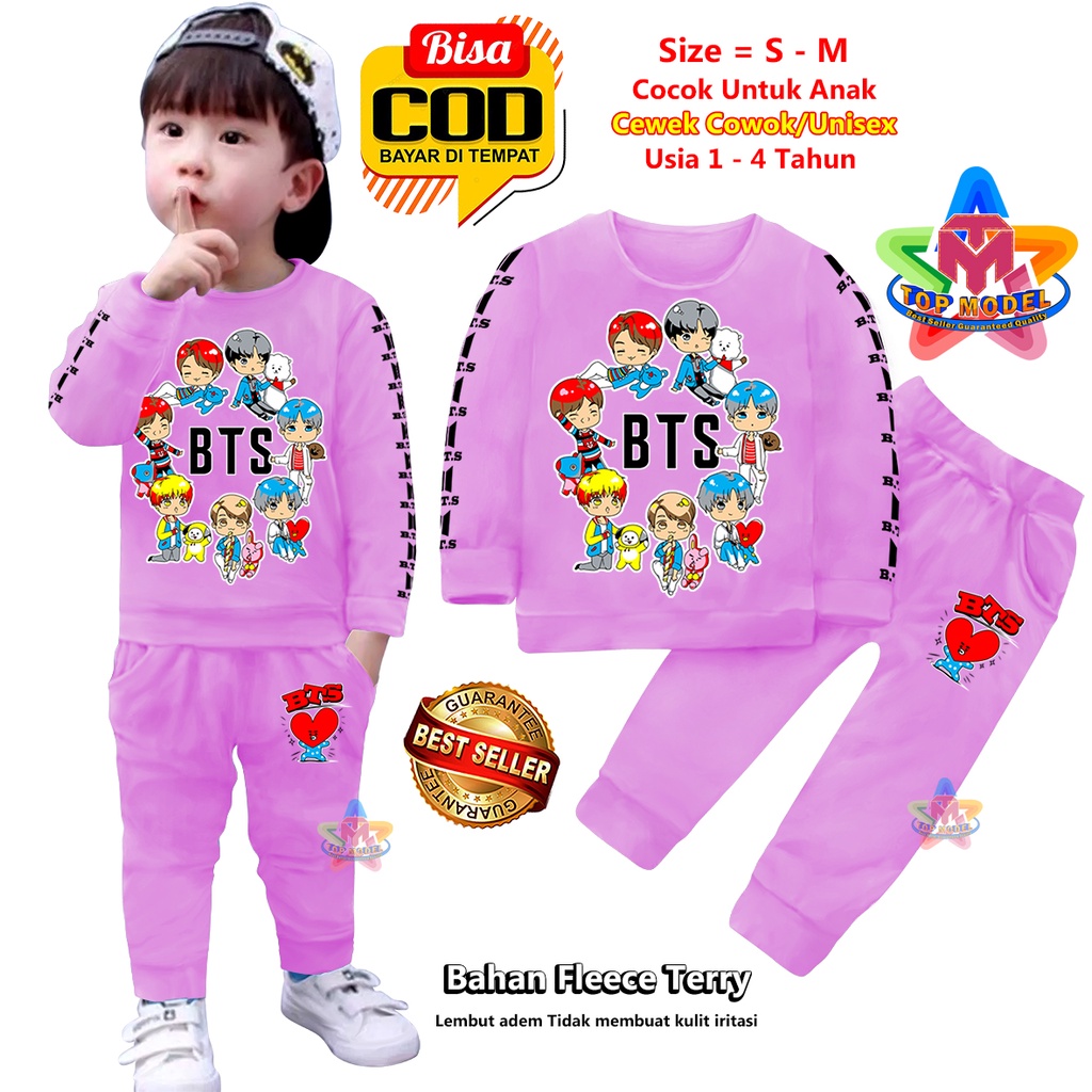 Setelan Baju Anak BTS BT21 UNISEX 1-4 Tahun Cewek Cowok,TM0004 B terbaru dan termurah Bahan Fleece Terry