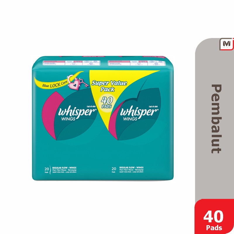 Whisper Pembalut Sanitary Pads 23cm Regular Flow Wings Isi 40
