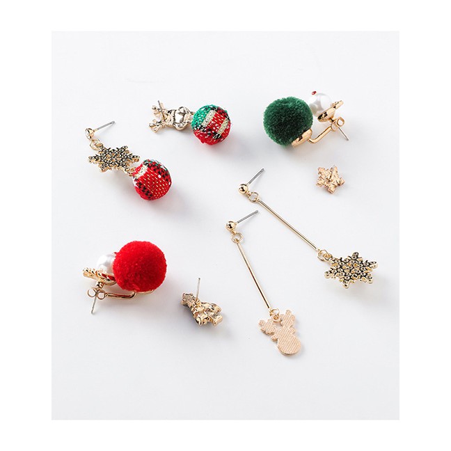 LRC Anting Tusuk Fashion Christmas Tree Hair Ball Christmas Antlers Snowflakes Elk Hair Ball Earring