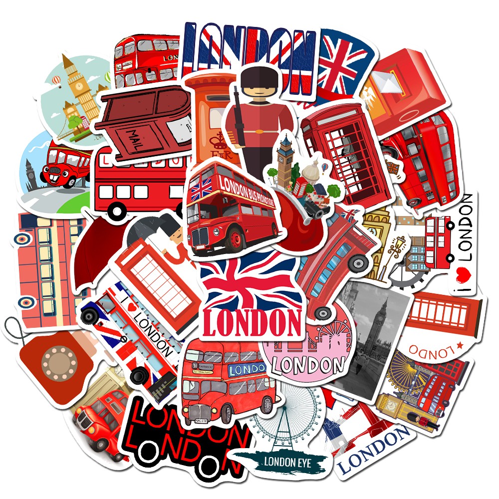 

50pcs Stiker Desain Bangunan London Warna Merah Anti Air Untuk Laptop/Sepeda/Helm Mobil