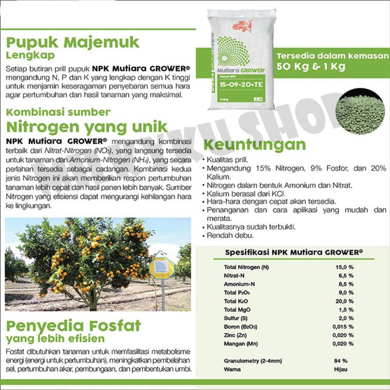 PUPUK NPK MUTIARA GROWER 15-09-20+TE 1 KG