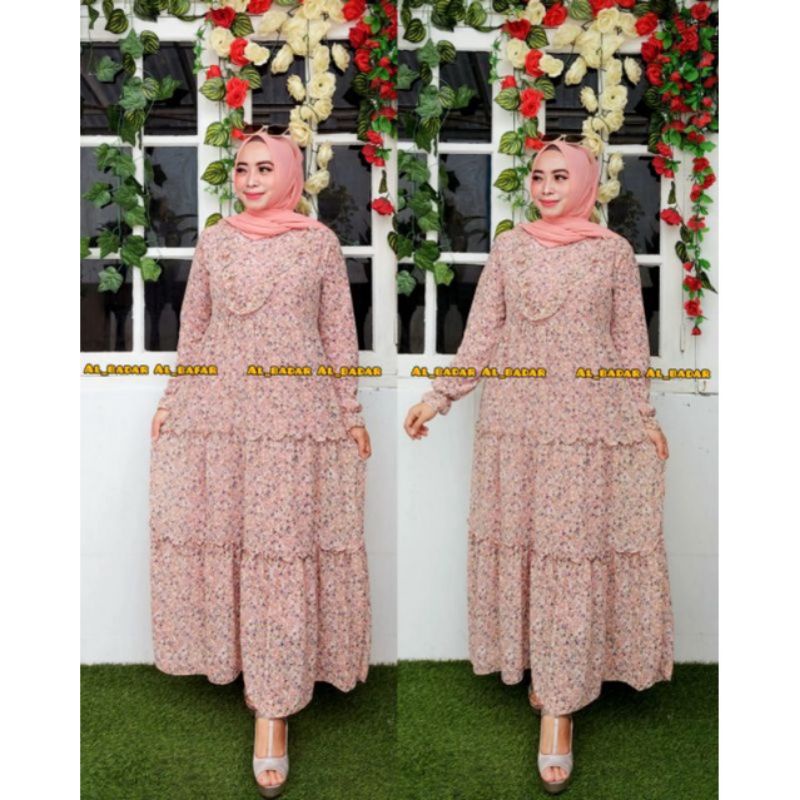 GAMIS CERUTY BABY DOLL MOTIF BUNGA REMPEL VI GAMIS MODEL TERBARU GAMIS MOTIF BUNGA KOMBINASI POLOS