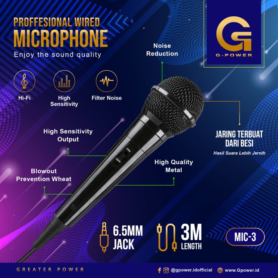 Microphone G-Power Mic-3 kabel 3 meter Mikrophone Mic karaoke smule pengeras suara