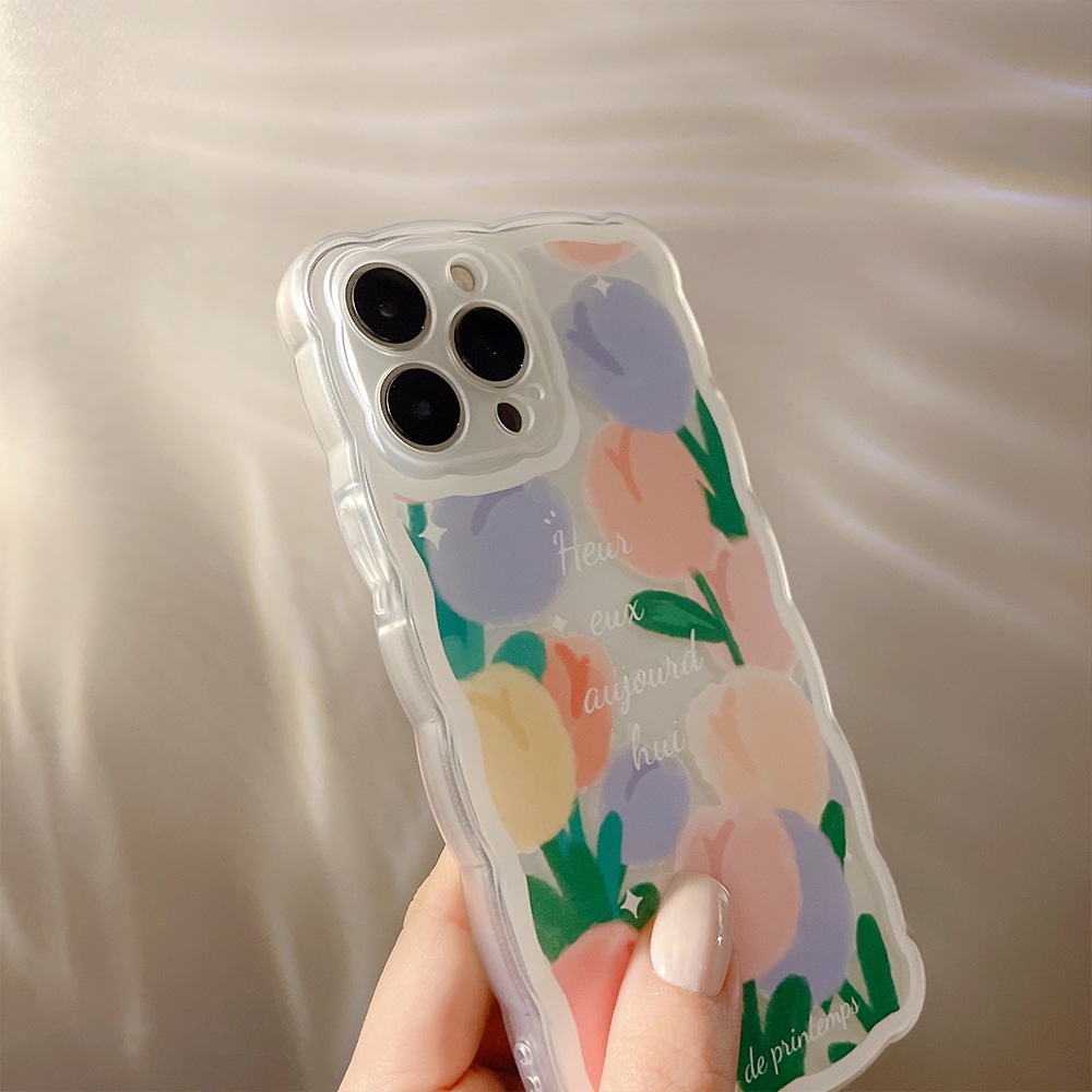 IPHONE Ins Fashion Bunga Tulip Warna-Warni Berbentuk Gelombang Perlindungan Penuh Casing Ponsel Cover Untuk Iphone7 8 PLUS X XR XS 11 12 13 14 MINI PRO MAX SE 2020