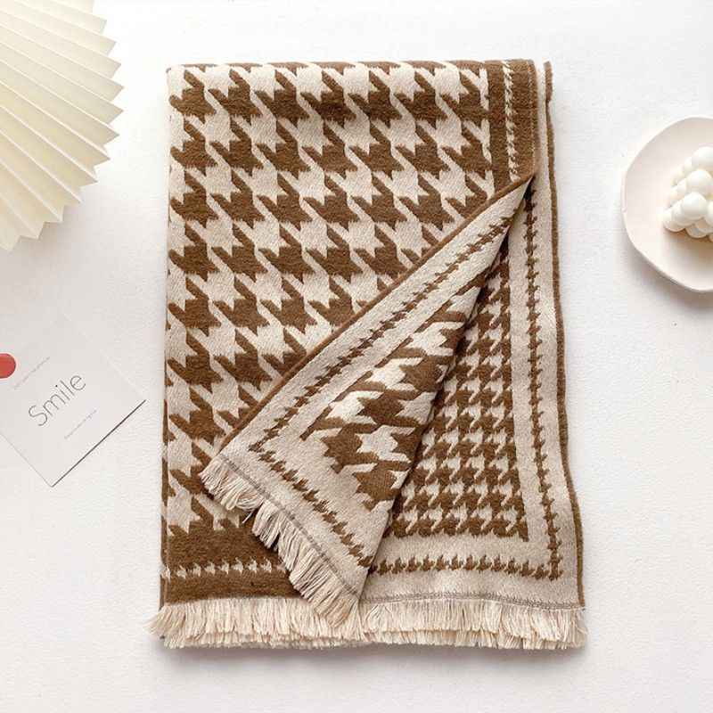 IMPORT WOMAN WINTER HOUNDSTOOTH WOOL LONG SCARF SHAWL SYAL SELENDANG PANJANG WANITA WOL MUSIM DINGIN-Coklat