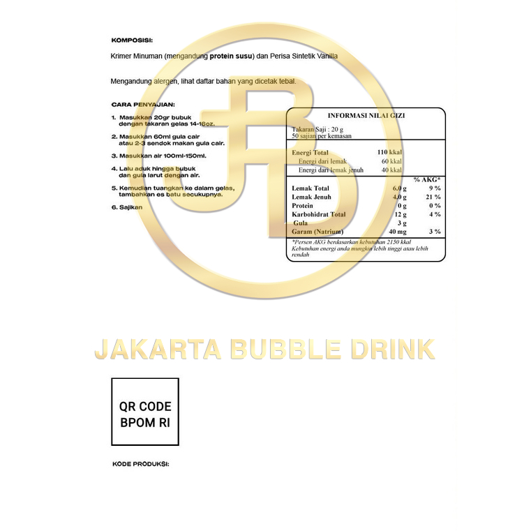 Bubuk Minuman Premium VANILLA  - Jakarta Bubble Drink | BPOM&amp;HALAL