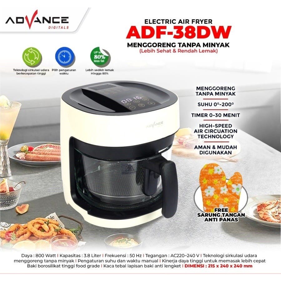 Advance Digital Air Fryer ADF-38DW Transparan Glass  - Garansi 1 Tahun